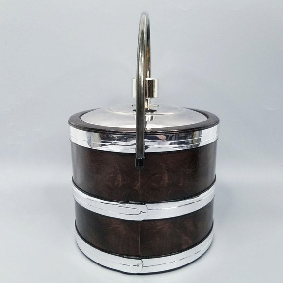 Vintage Ice Bucket Brown Faux Leather Chrome MCM - Picture 3 of 12